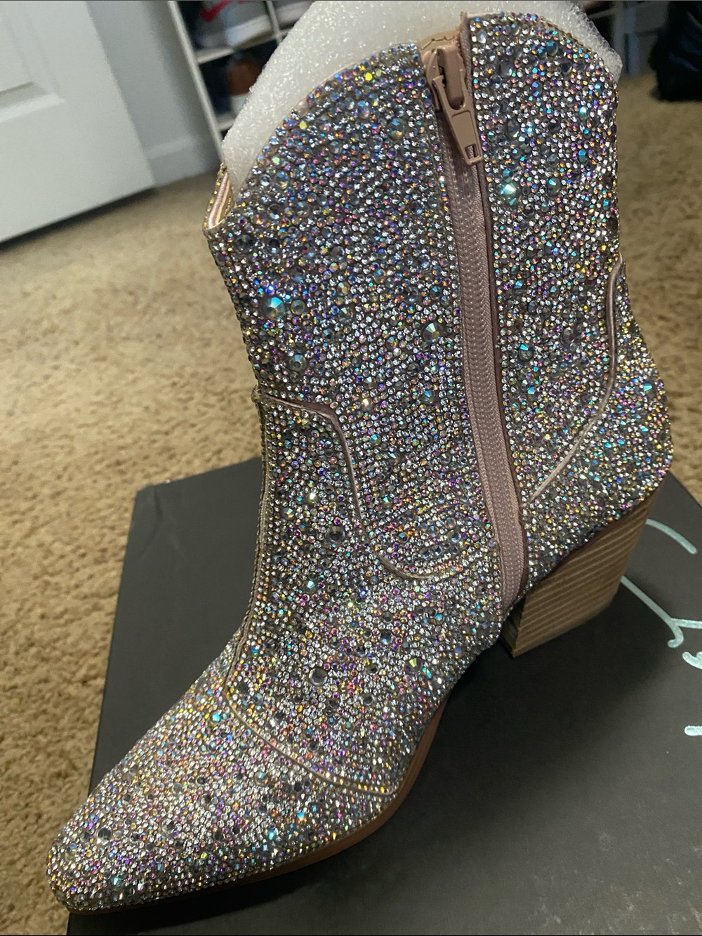 Betsey Johnson Crystal-Covered Iridescent Pointed Ankle Boots - Picture 5 of 5